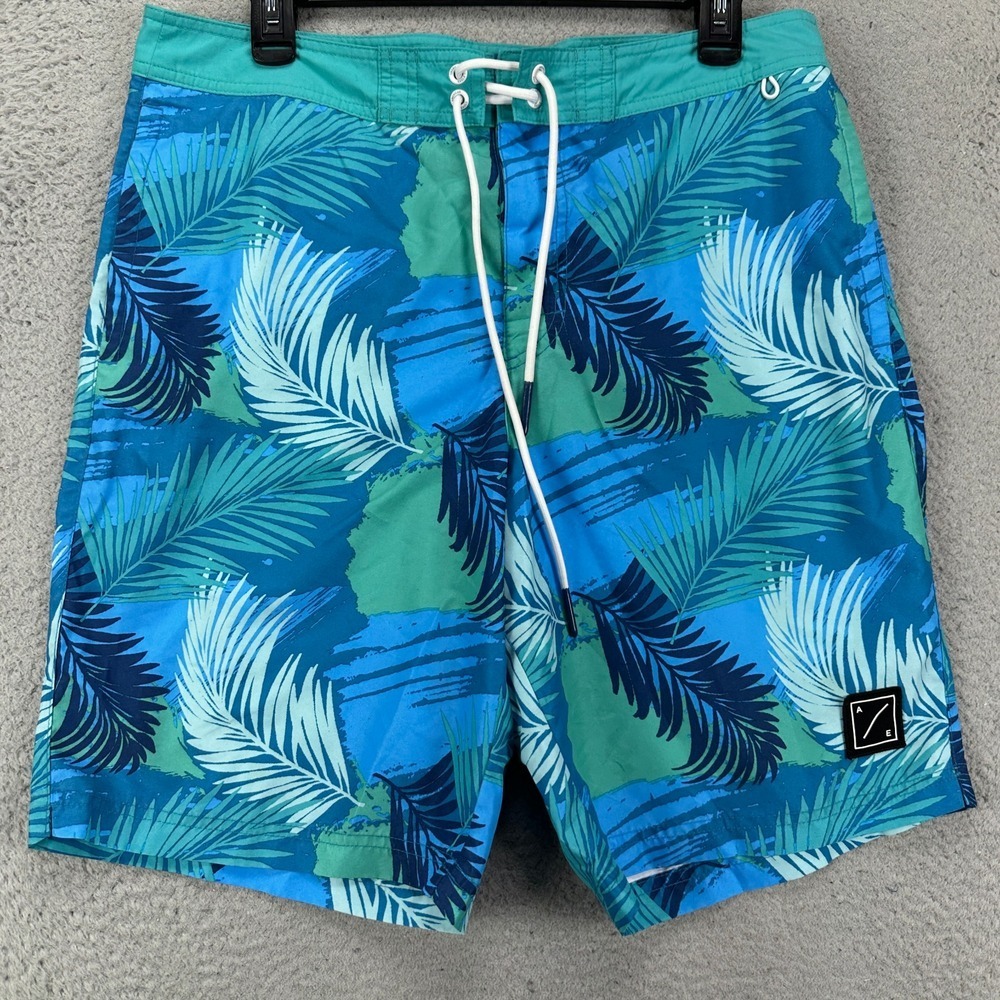 American‎ Eagle Swim Trunks Mens Medium Blue Green Leaf Print Surfing Swimming